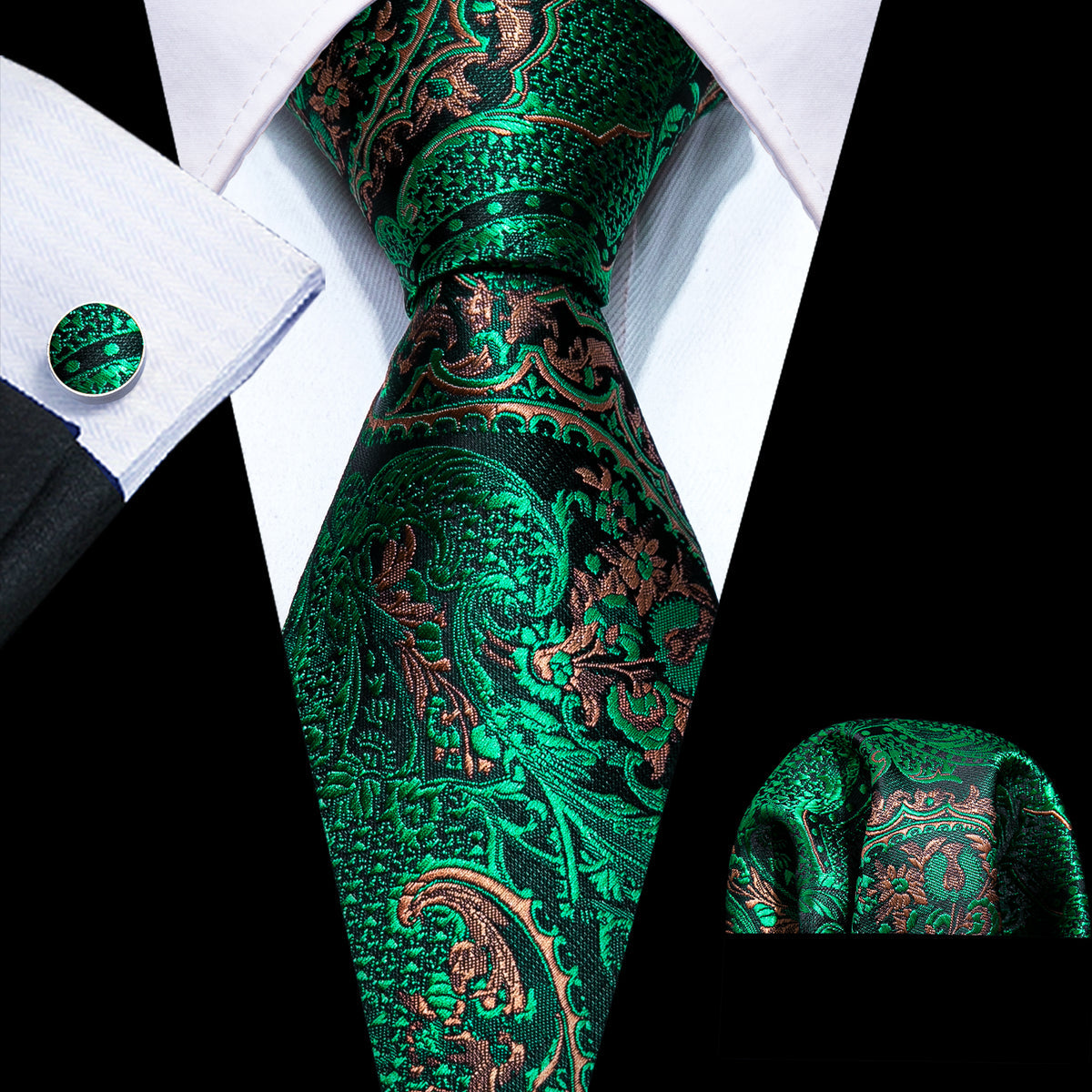 Green Brown Paisley Tie, Pocket Square and Cufflinks Set tie sets - Sophisticated Gentlemen