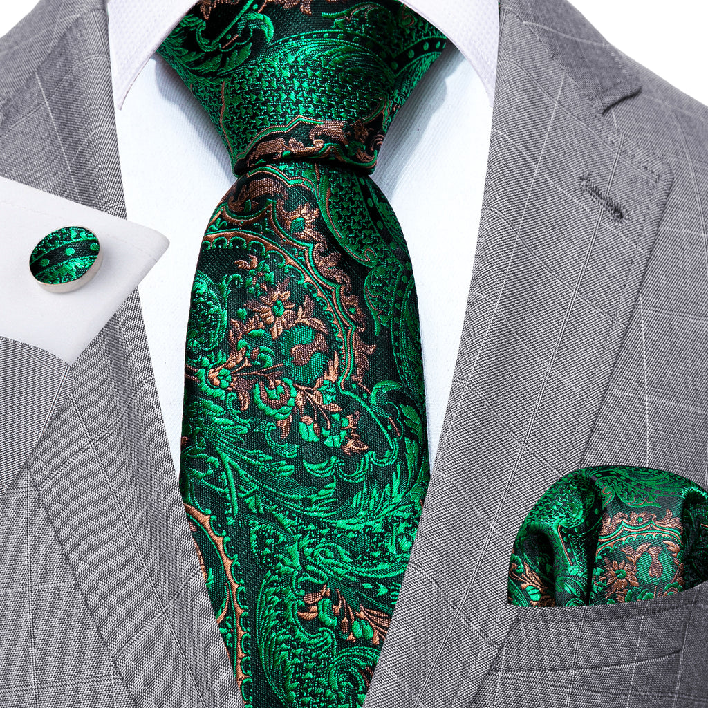 Green Brown Paisley Tie, Pocket Square and Cufflinks Set tie sets - Sophisticated Gentlemen