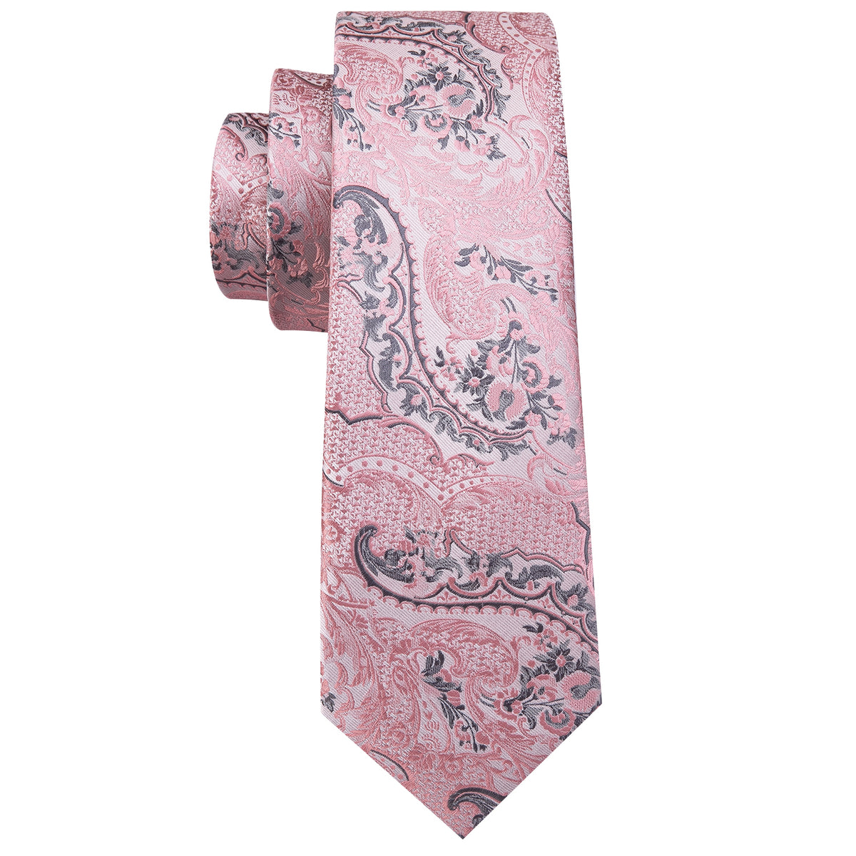 Elegant Silver and Pink Paisley Floral Silk Tie Set with Pocket Square and Cufflinks tie sets - Sophisticated Gentlemen