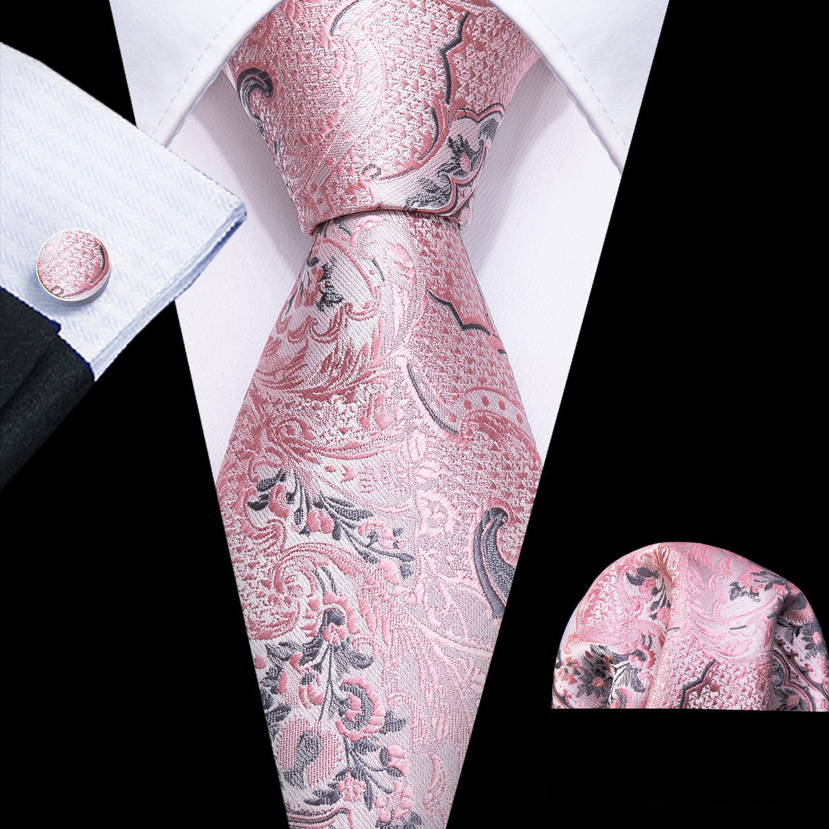 Elegant Silver and Pink Paisley Floral Silk Tie Set with Pocket Square and Cufflinks tie sets - Sophisticated Gentlemen