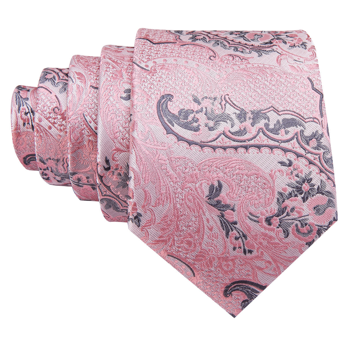 Elegant Silver and Pink Paisley Floral Silk Tie Set with Pocket Square and Cufflinks tie sets - Sophisticated Gentlemen