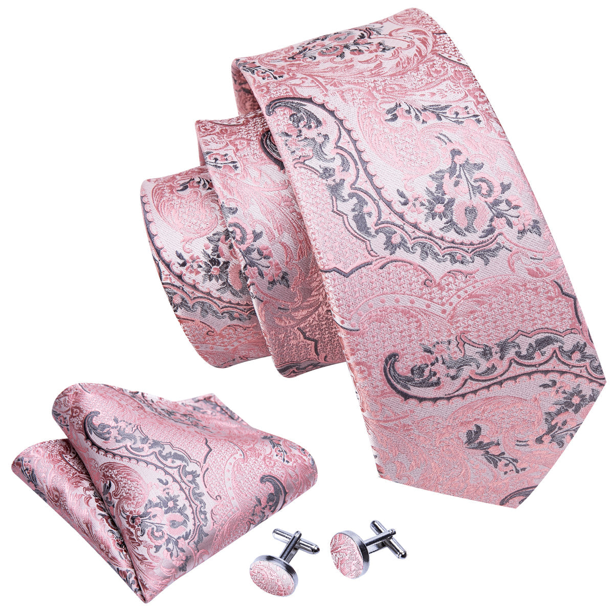 Elegant Silver and Pink Paisley Floral Silk Tie Set with Pocket Square and Cufflinks tie sets - Sophisticated Gentlemen