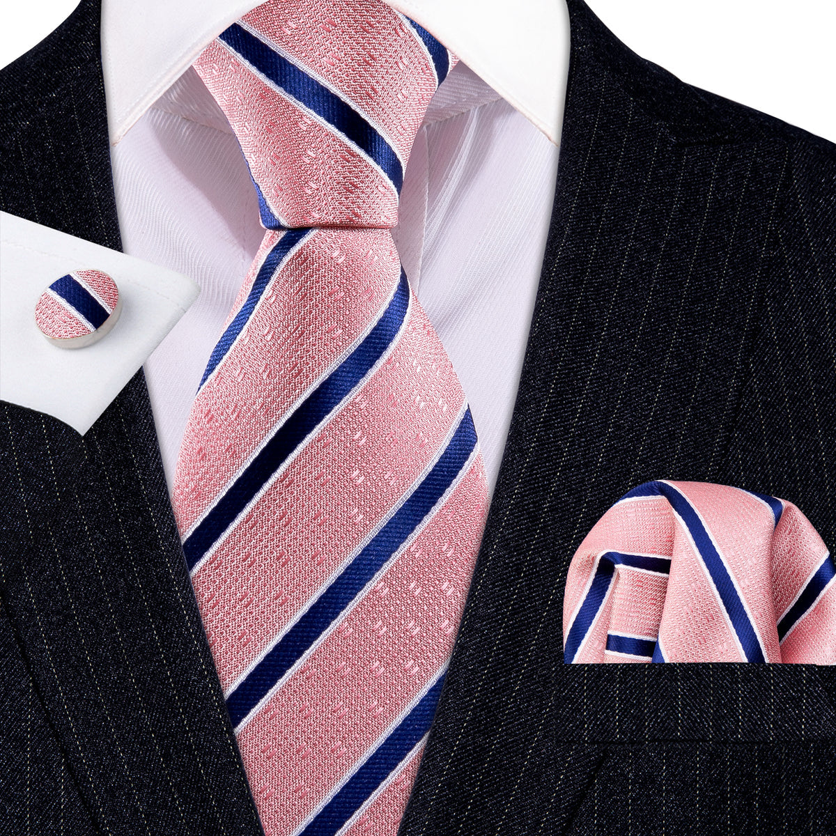 Coral Pink Blue Stripes Tie, Pocket Square and Cufflinks Set tie sets - Sophisticated Gentlemen