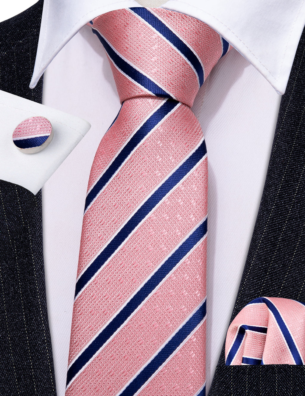 Coral Pink Blue Stripes Tie, Pocket Square and Cufflinks Set tie sets - Sophisticated Gentlemen