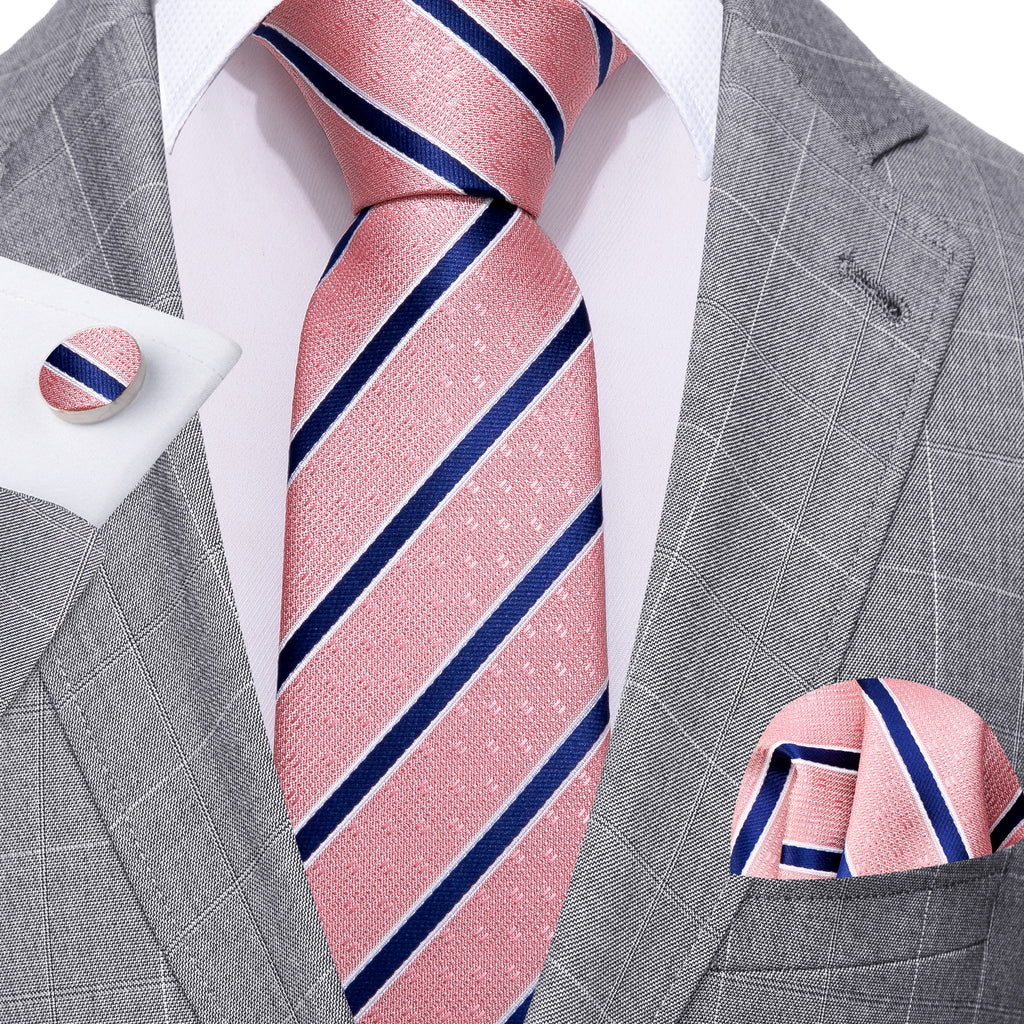 Coral Pink Blue Stripes Tie, Pocket Square and Cufflinks Set tie sets - Sophisticated Gentlemen