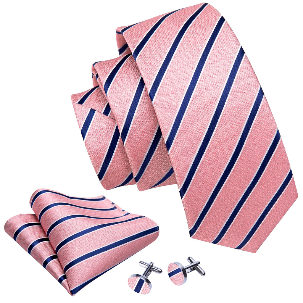Coral Pink Blue Stripes Tie, Pocket Square and Cufflinks Set tie sets - Sophisticated Gentlemen