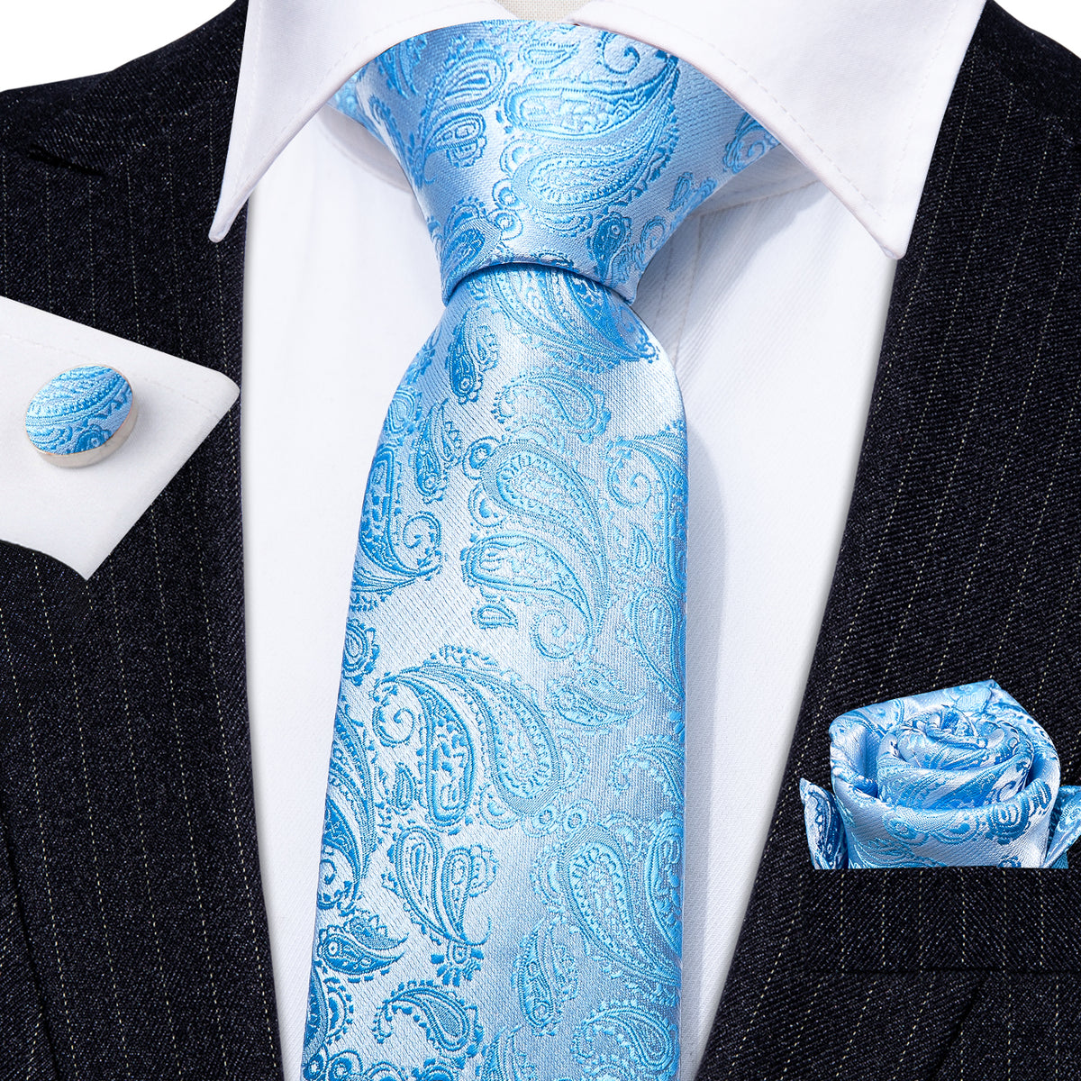 Light Blue Paisley Tie, Pocket Square and Cufflinks Set tie sets - Sophisticated Gentlemen