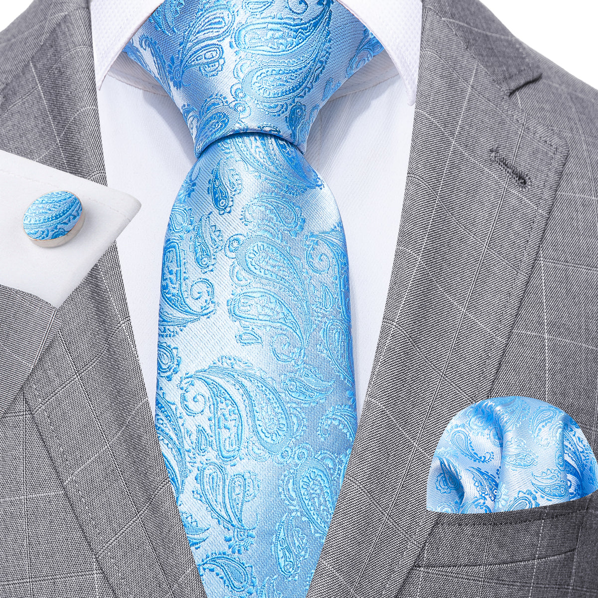 Light Blue Paisley Tie, Pocket Square and Cufflinks Set tie sets - Sophisticated Gentlemen