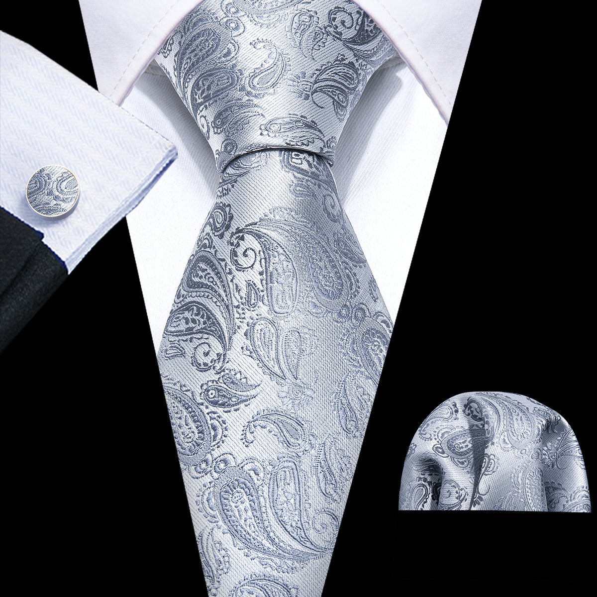 Silver Paisley Silk Tie, Pocket Square & Cufflinks Set tie sets - Sophisticated Gentlemen
