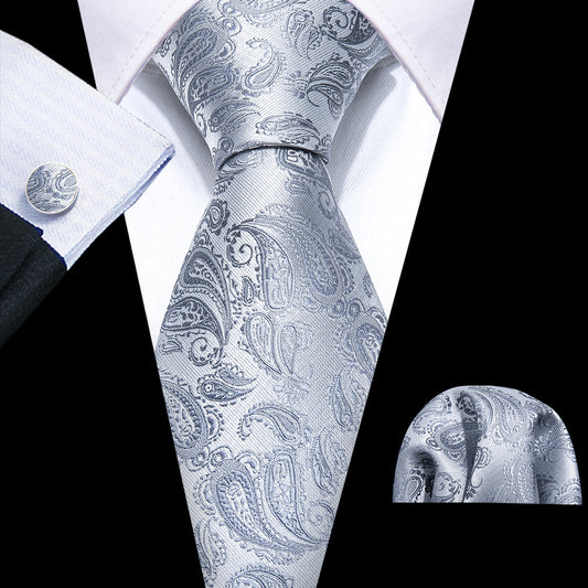 Silver Paisley Silk Tie, Pocket Square & Cufflinks Set tie sets - Sophisticated Gentlemen
