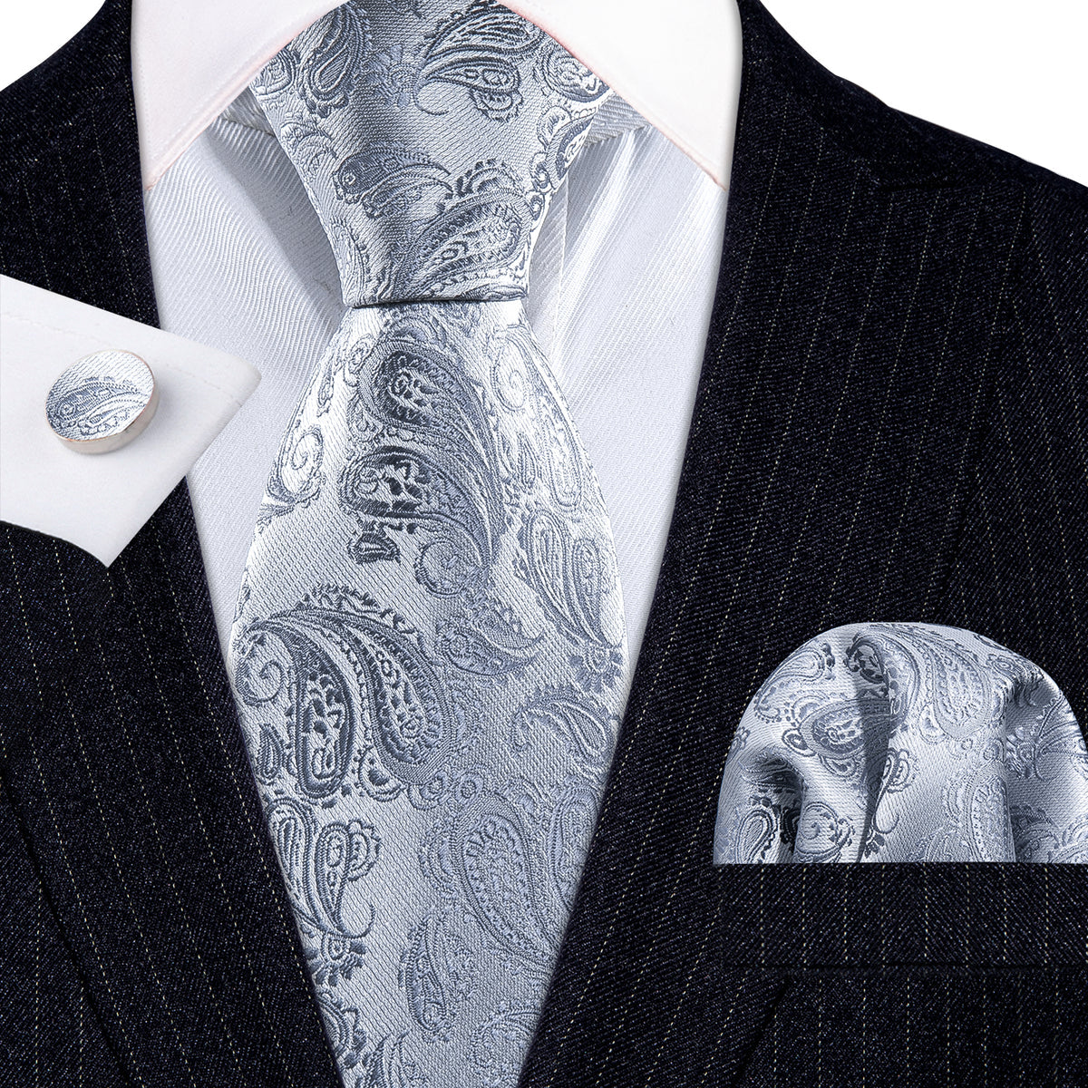 Silver Paisley Silk Tie, Pocket Square & Cufflinks Set tie sets - Sophisticated Gentlemen