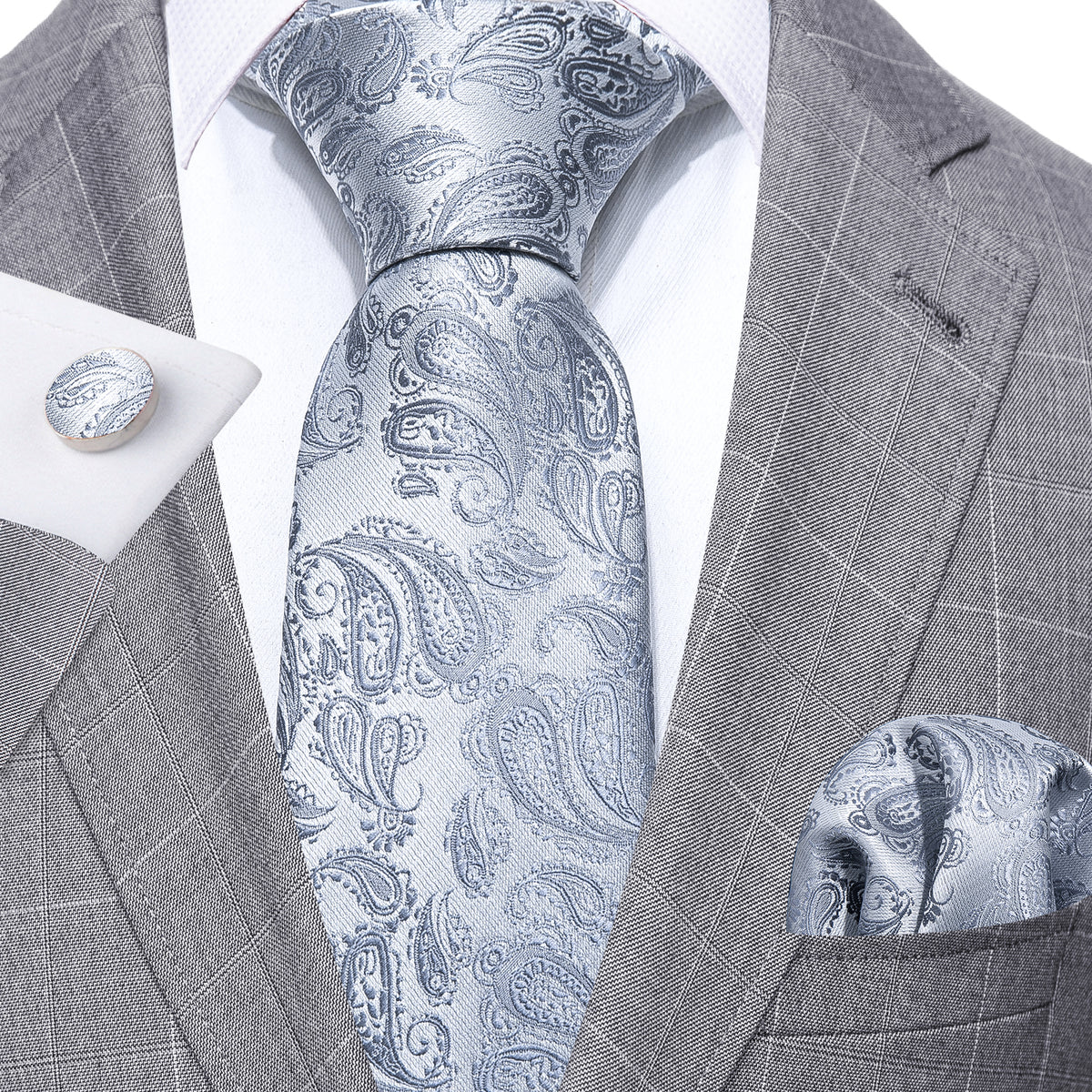 Silver Paisley Silk Tie, Pocket Square & Cufflinks Set tie sets - Sophisticated Gentlemen