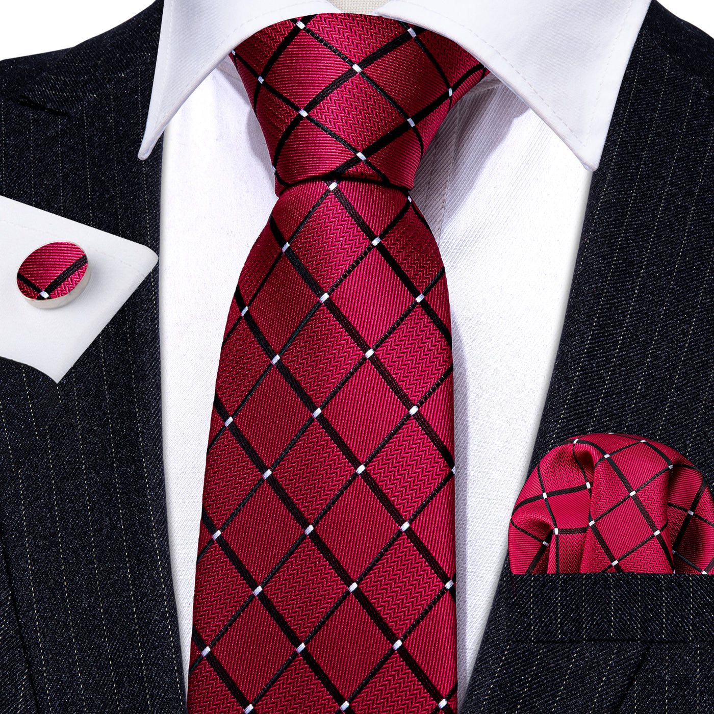 Red & Black Plaid Silk Tie, Pocket Square & Cufflinks Set tie sets - Sophisticated Gentlemen