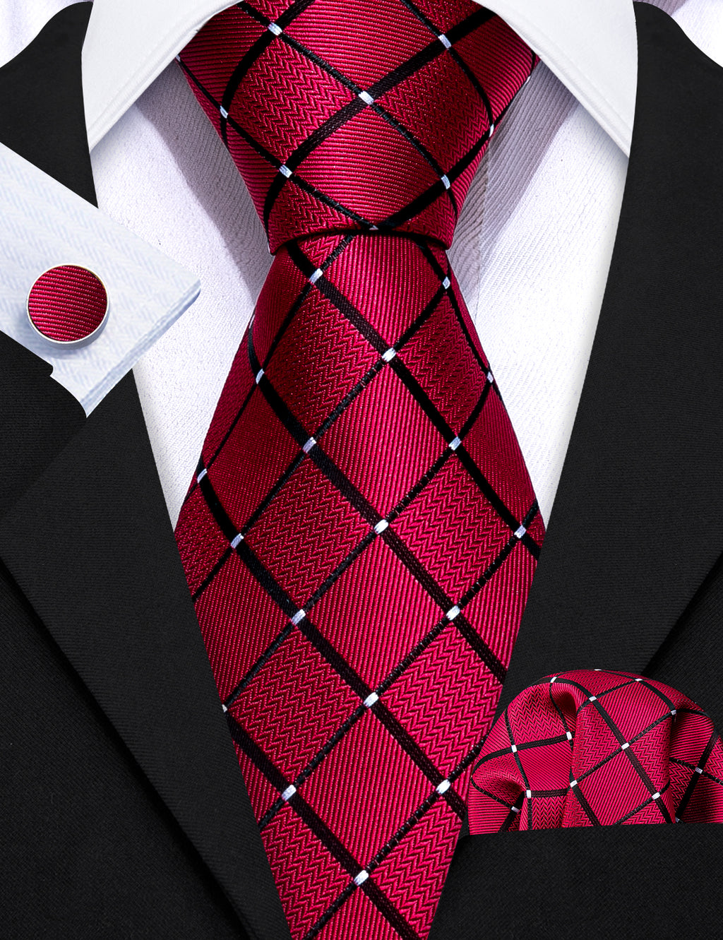 Red Black Plaid Silk Tie, Pocket Square and Cufflinks Set tie sets - Sophisticated Gentlemen