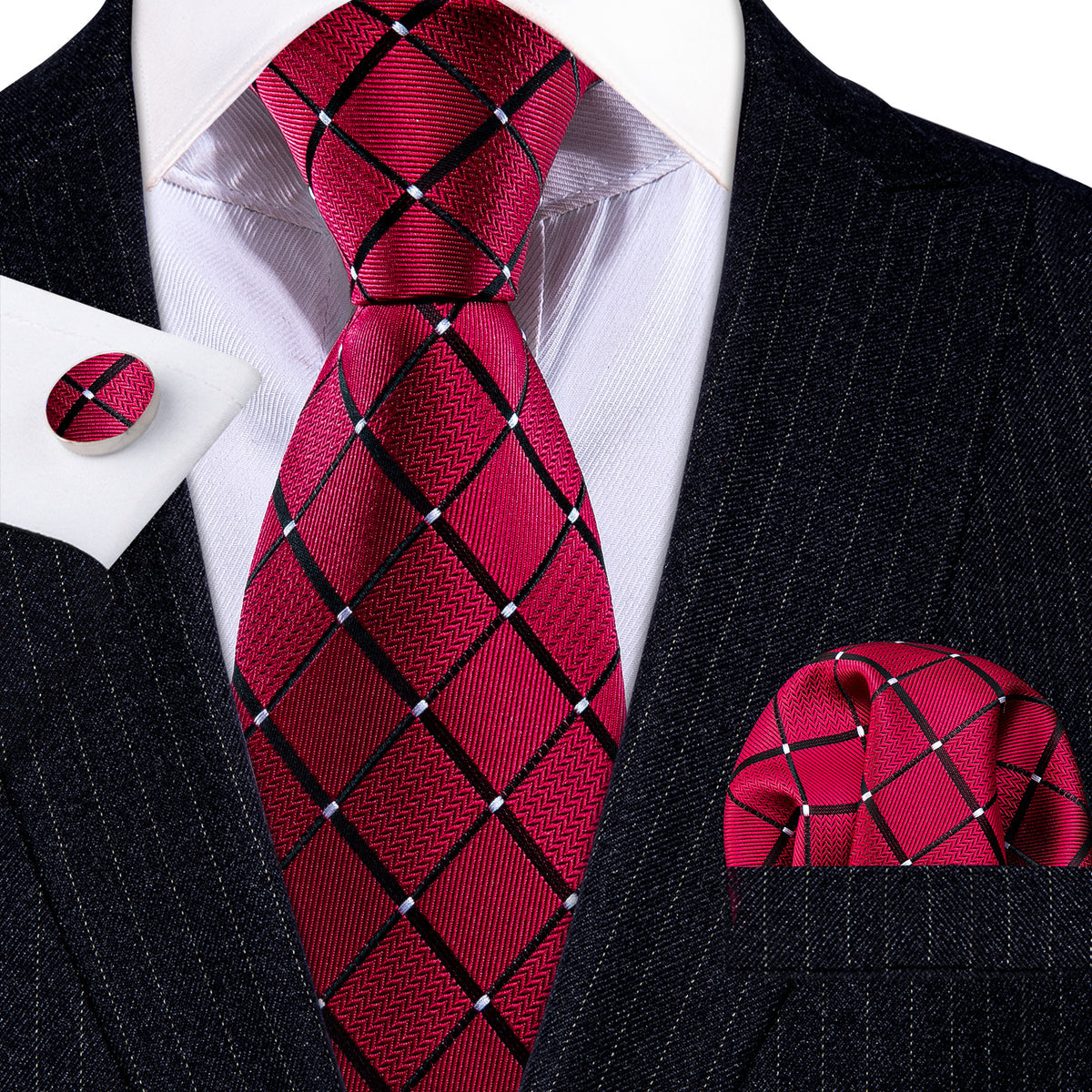 Red Black Plaid Silk Tie, Pocket Square and Cufflinks Set tie sets - Sophisticated Gentlemen