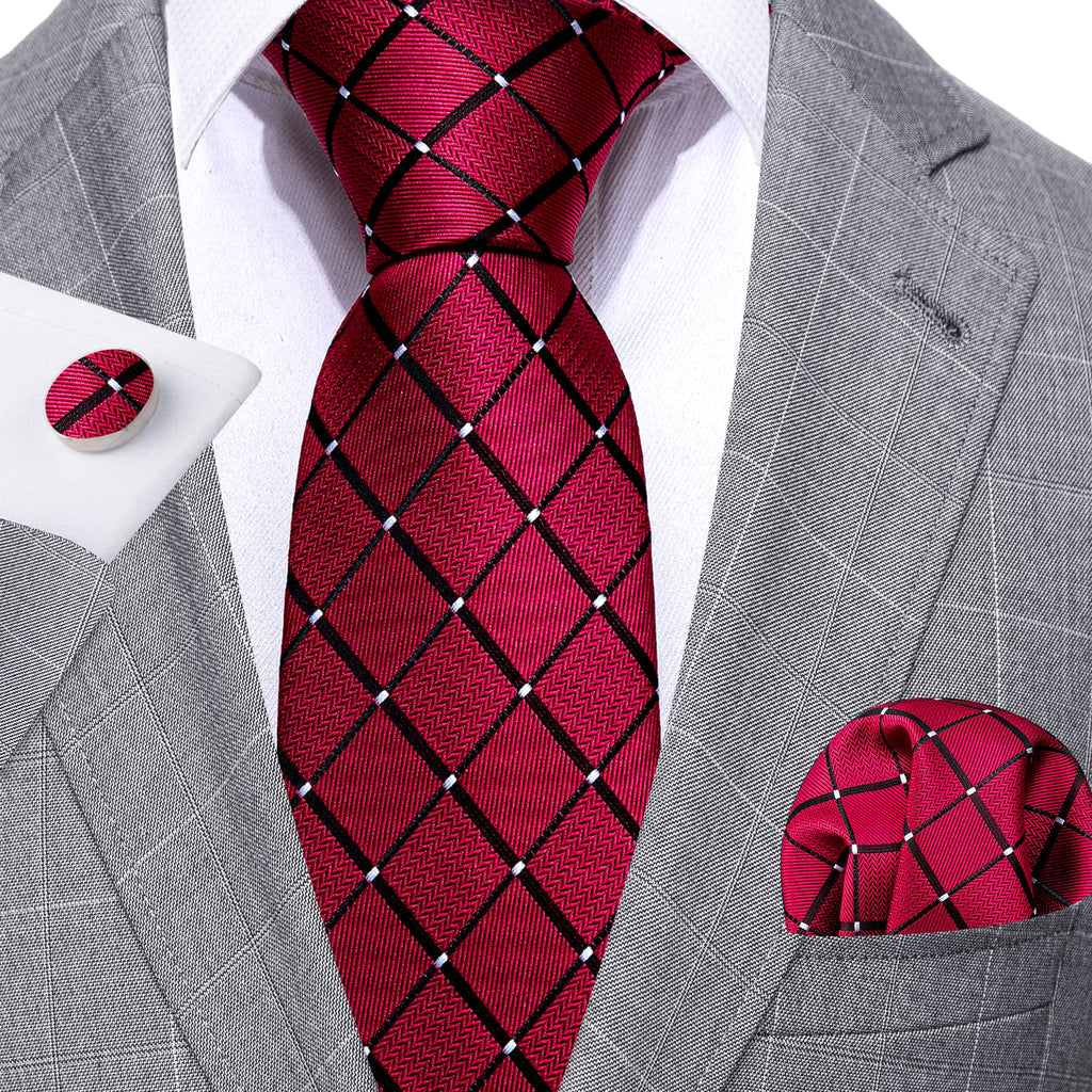 Red Black Plaid Silk Tie, Pocket Square and Cufflinks Set tie sets - Sophisticated Gentlemen