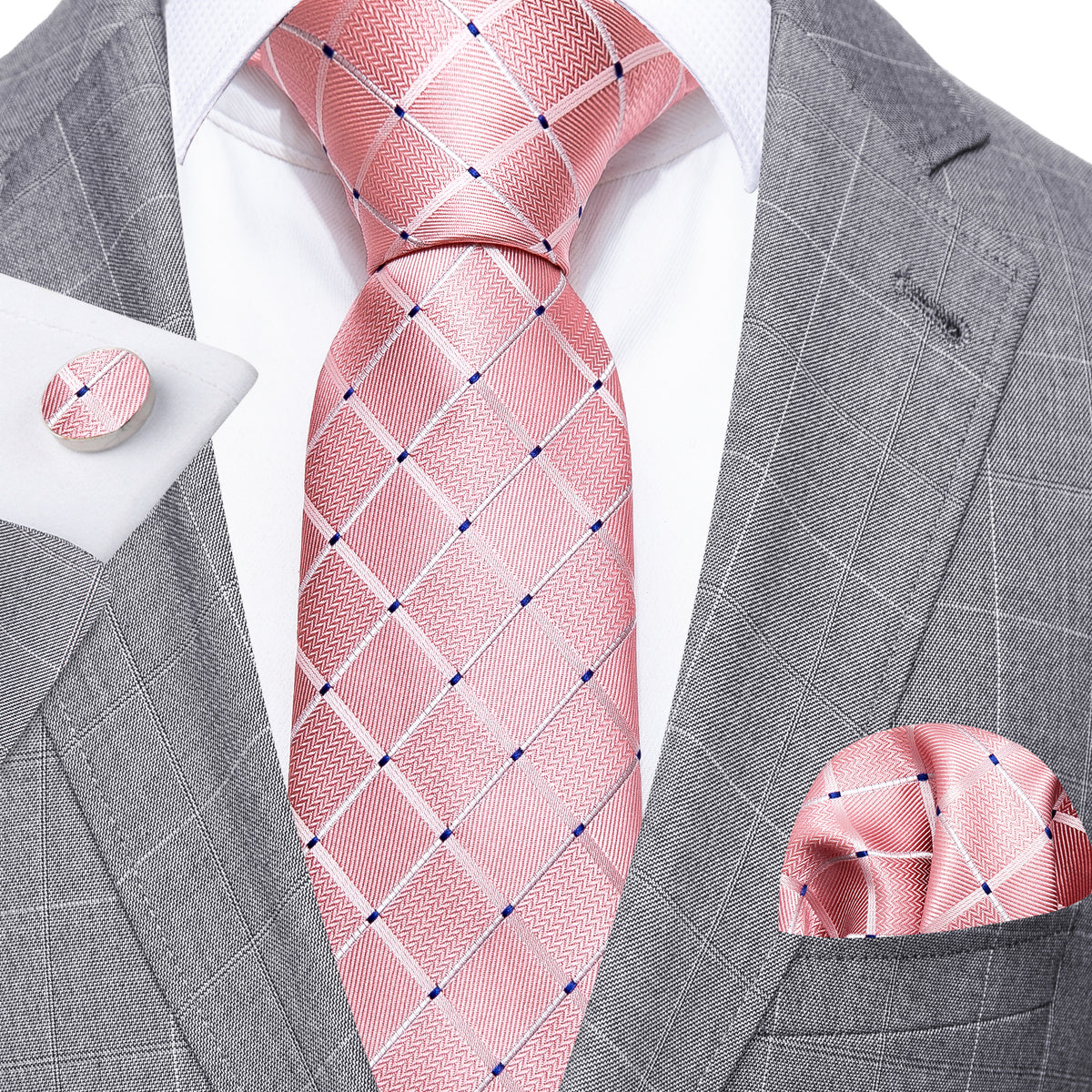 Pink Plaid Tie, Pocket Square and Cufflinks Set tie sets - Sophisticated Gentlemen