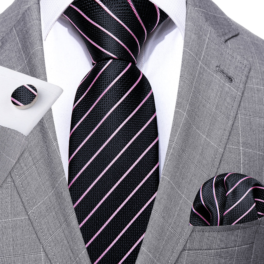 Black Pink Striped Silk Tie, Pocket Square and Cufflinks Set tie sets - Sophisticated Gentlemen