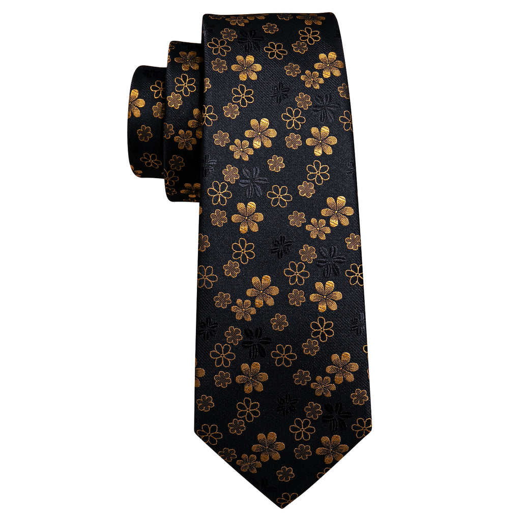 Black Gold Floral Silk Tie, Pocket Square and Cufflinks Set tie sets - Sophisticated Gentlemen
