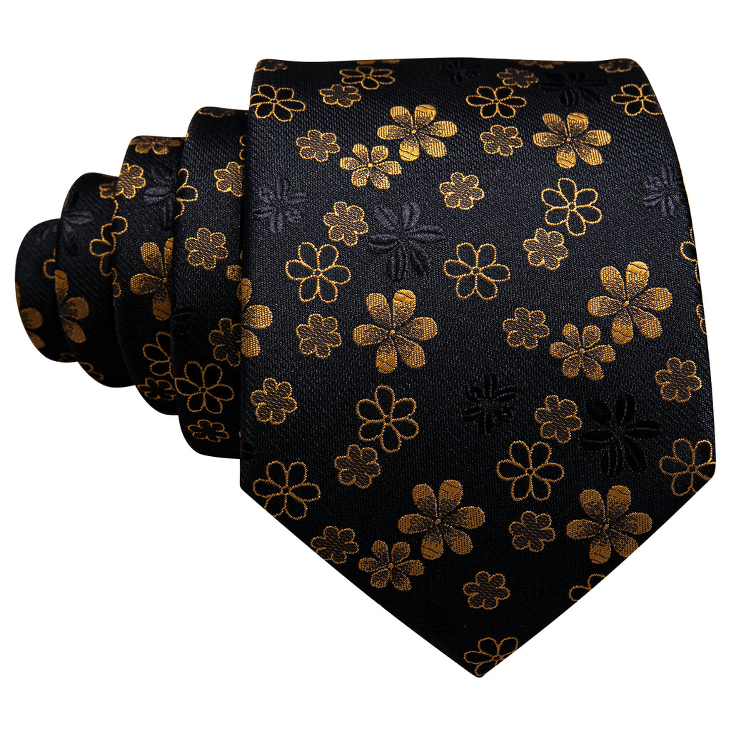 Black Gold Floral Silk Tie, Pocket Square and Cufflinks Set tie sets - Sophisticated Gentlemen