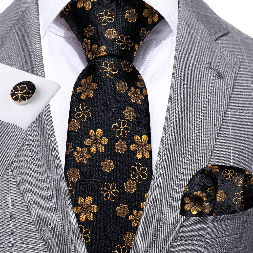 Black Gold Floral Silk Tie, Pocket Square and Cufflinks Set tie sets - Sophisticated Gentlemen