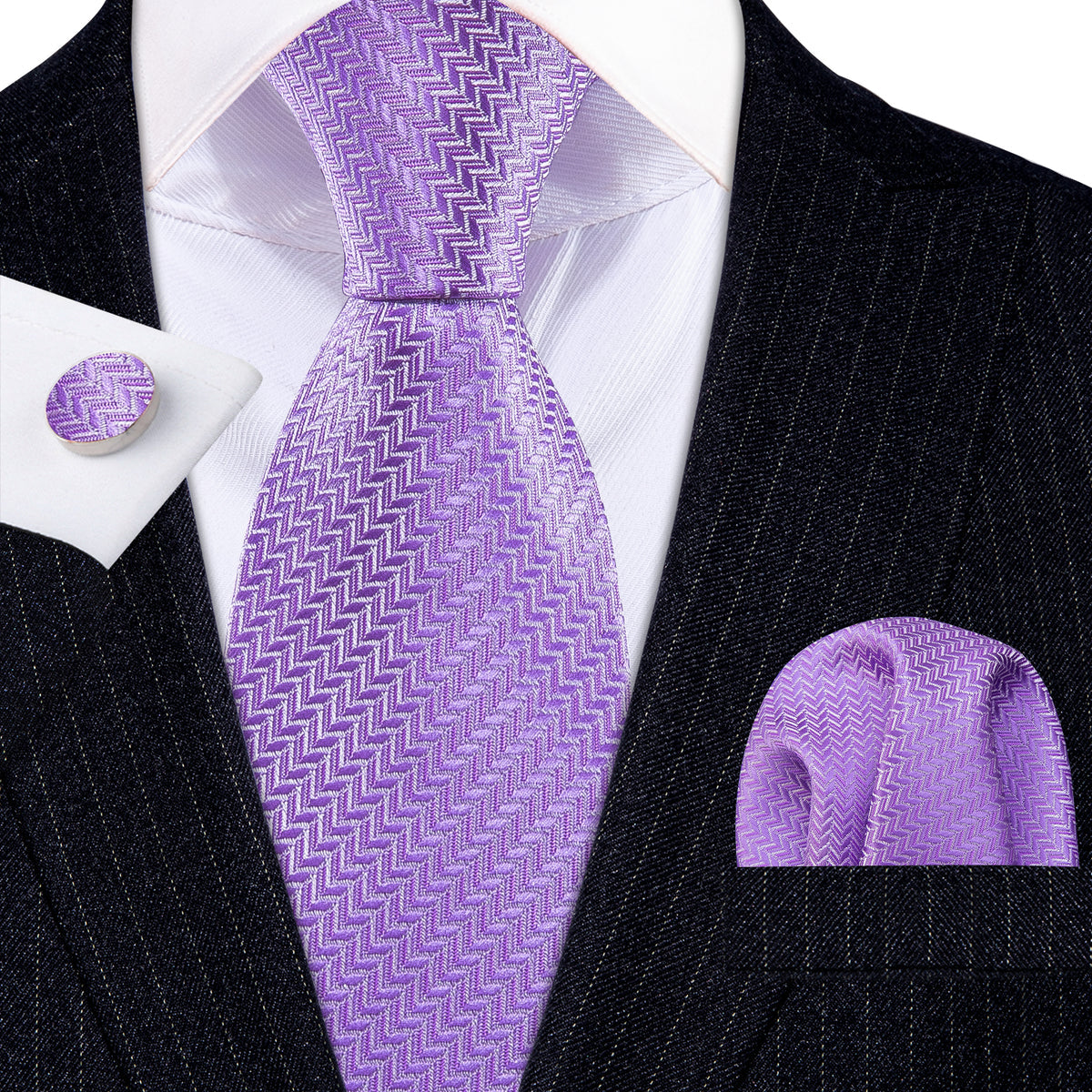 Purple Striped Woven Silk Tie, Pocket Square and Cufflinks Set tie sets - Sophisticated Gentlemen