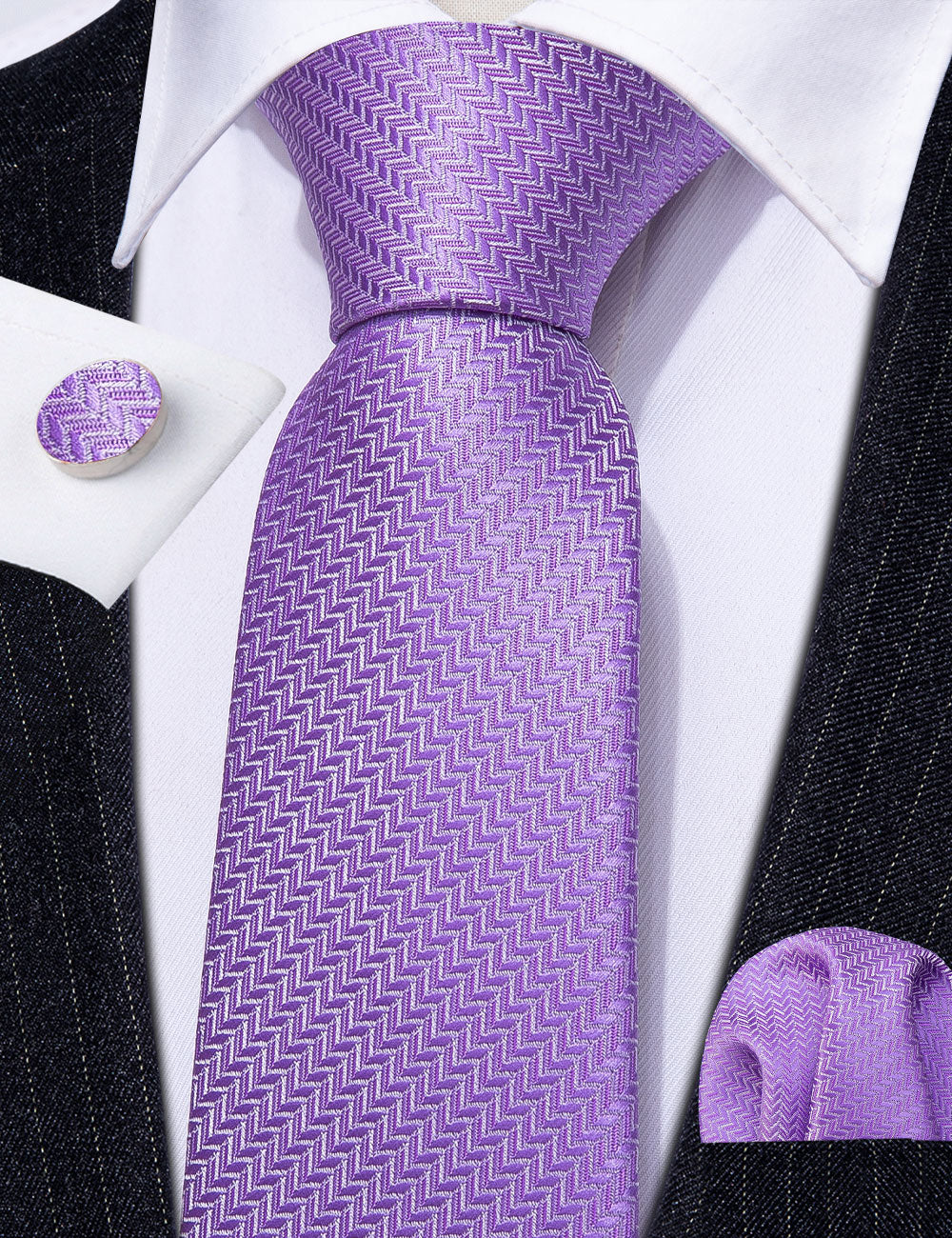 Purple Striped Woven Silk Tie, Pocket Square and Cufflinks Set tie sets - Sophisticated Gentlemen