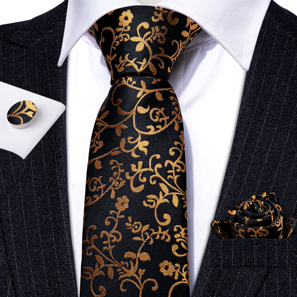 Black Gold Floral Silk Tie, Pocket Square and Cufflinks Set tie sets - Sophisticated Gentlemen