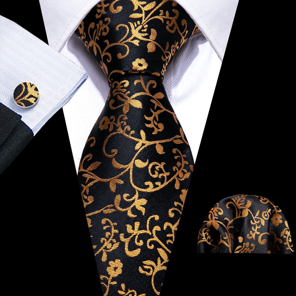 Black Gold Floral Silk Tie, Pocket Square and Cufflinks Set tie sets - Sophisticated Gentlemen