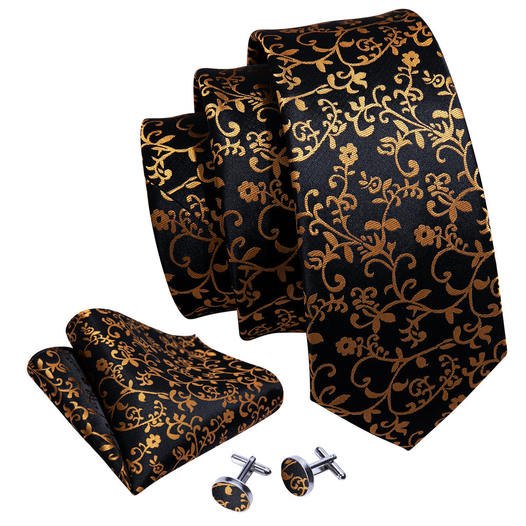 Black Gold Floral Silk Tie, Pocket Square and Cufflinks Set tie sets - Sophisticated Gentlemen