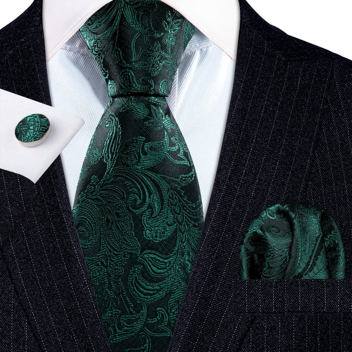 Elegant Dark Green Paisley Silk Tie Set with Pocket Square and Cufflinks tie sets - Sophisticated Gentlemen