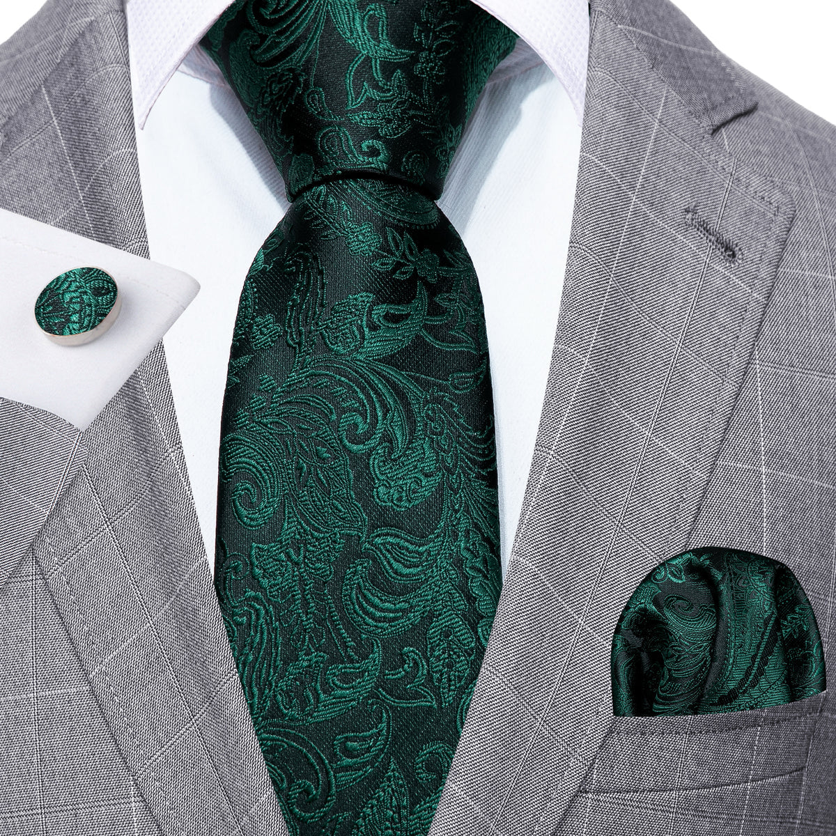 Elegant Dark Green Paisley Silk Tie Set with Pocket Square and Cufflinks tie sets - Sophisticated Gentlemen