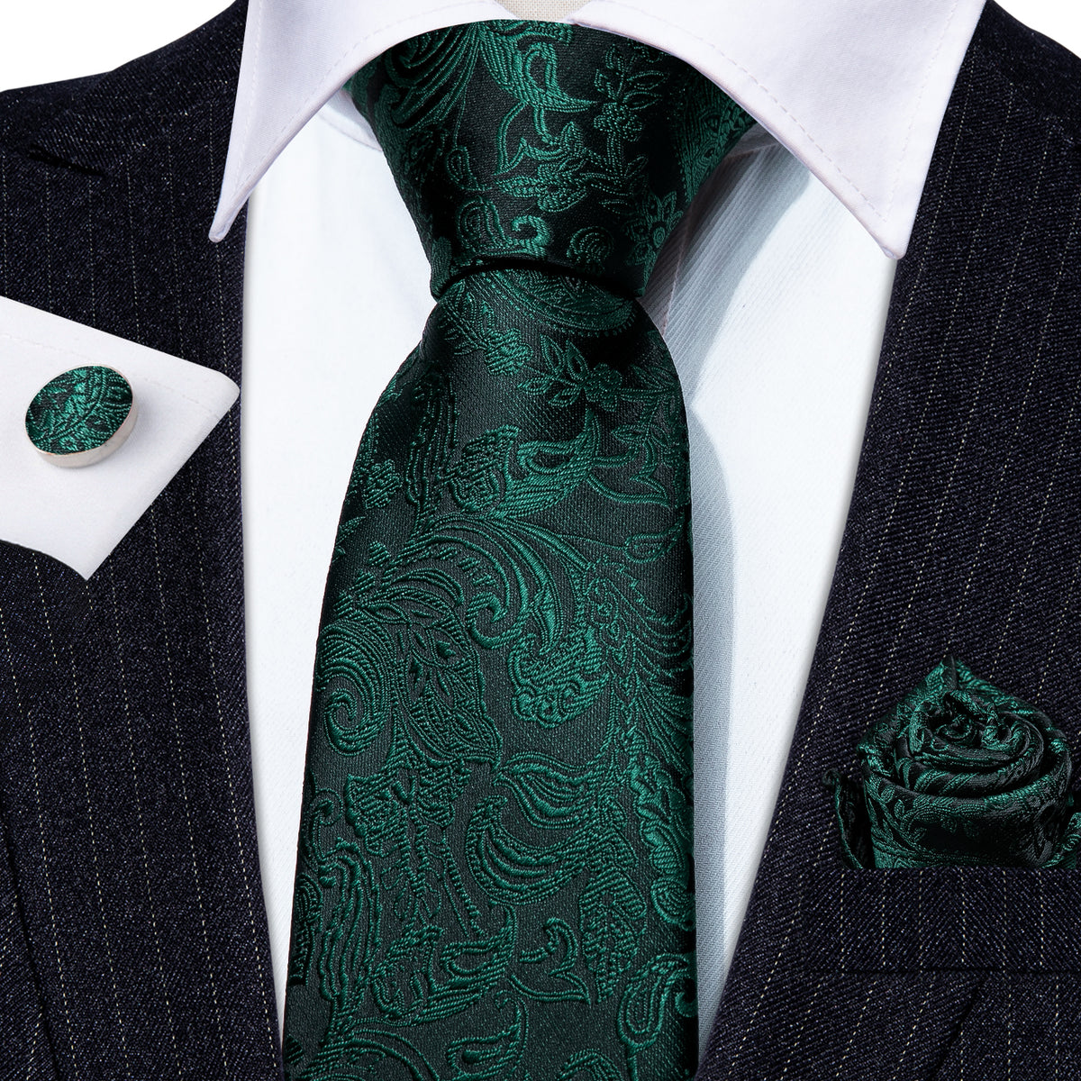 Elegant Dark Green Paisley Silk Tie Set with Pocket Square and Cufflinks tie sets - Sophisticated Gentlemen