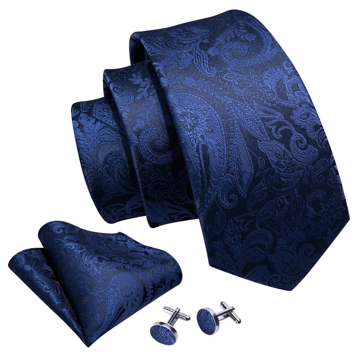 Navy Floral Silk Tie, Pocket Square, and Cufflinks Set tie sets - Sophisticated Gentlemen