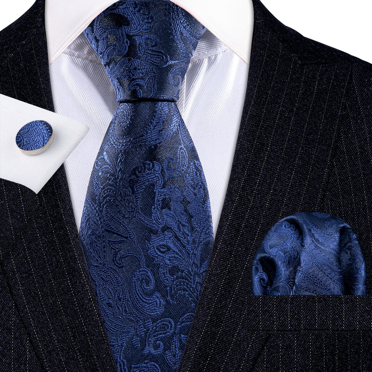 Navy Floral Silk Tie, Pocket Square, and Cufflinks Set tie sets - Sophisticated Gentlemen