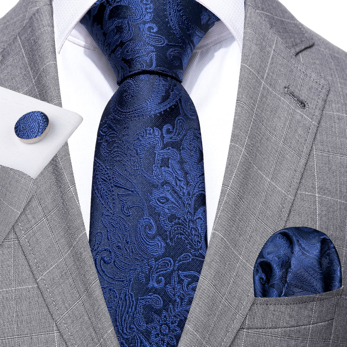 Navy Floral Silk Tie, Pocket Square, and Cufflinks Set tie sets - Sophisticated Gentlemen