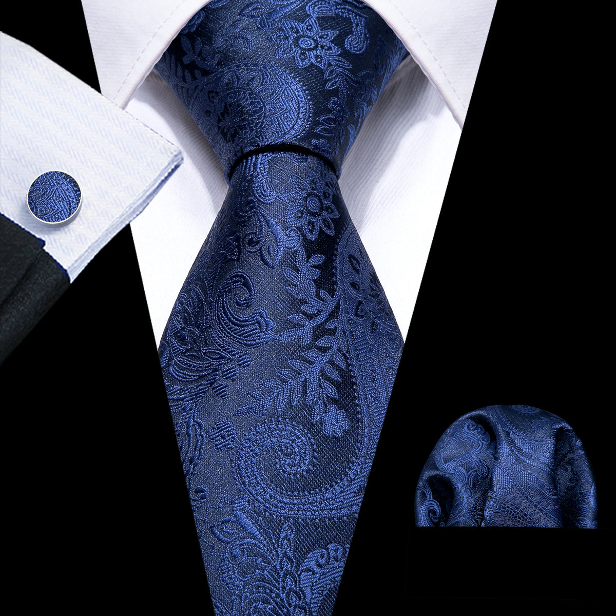 Navy Floral Silk Tie, Pocket Square, and Cufflinks Set tie sets - Sophisticated Gentlemen