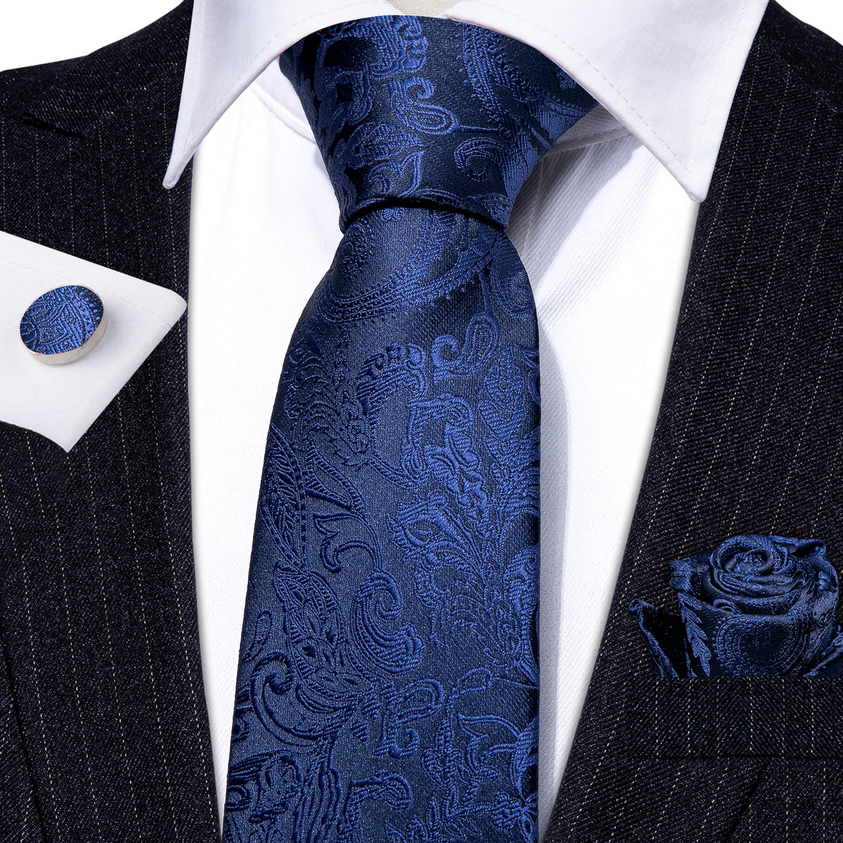 Navy Floral Silk Tie, Pocket Square, and Cufflinks Set tie sets - Sophisticated Gentlemen