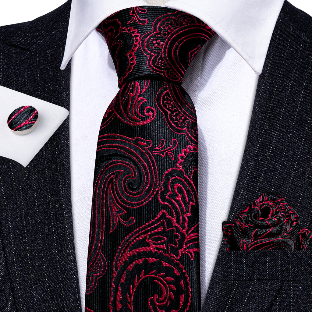 Red Black Paisley Silk Tie, Pocket Square and Cufflinks Set tie sets - Sophisticated Gentlemen