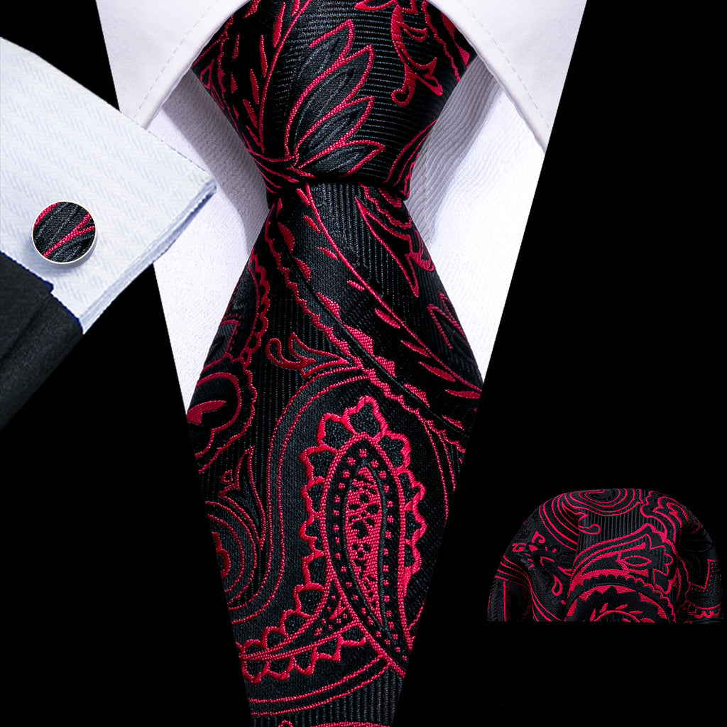 Red Black Paisley Silk Tie, Pocket Square and Cufflinks Set tie sets - Sophisticated Gentlemen