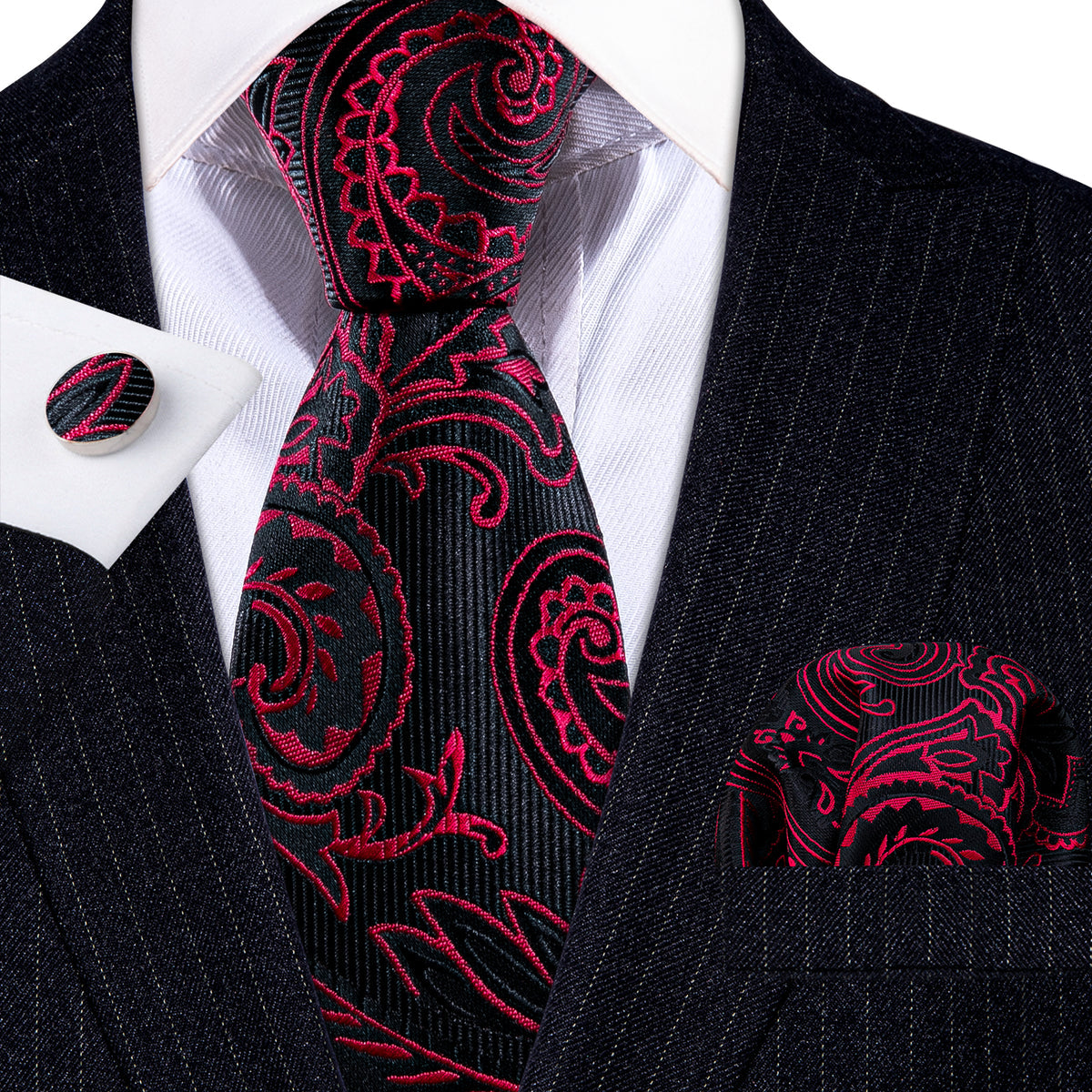Red Black Paisley Silk Tie, Pocket Square and Cufflinks Set tie sets - Sophisticated Gentlemen