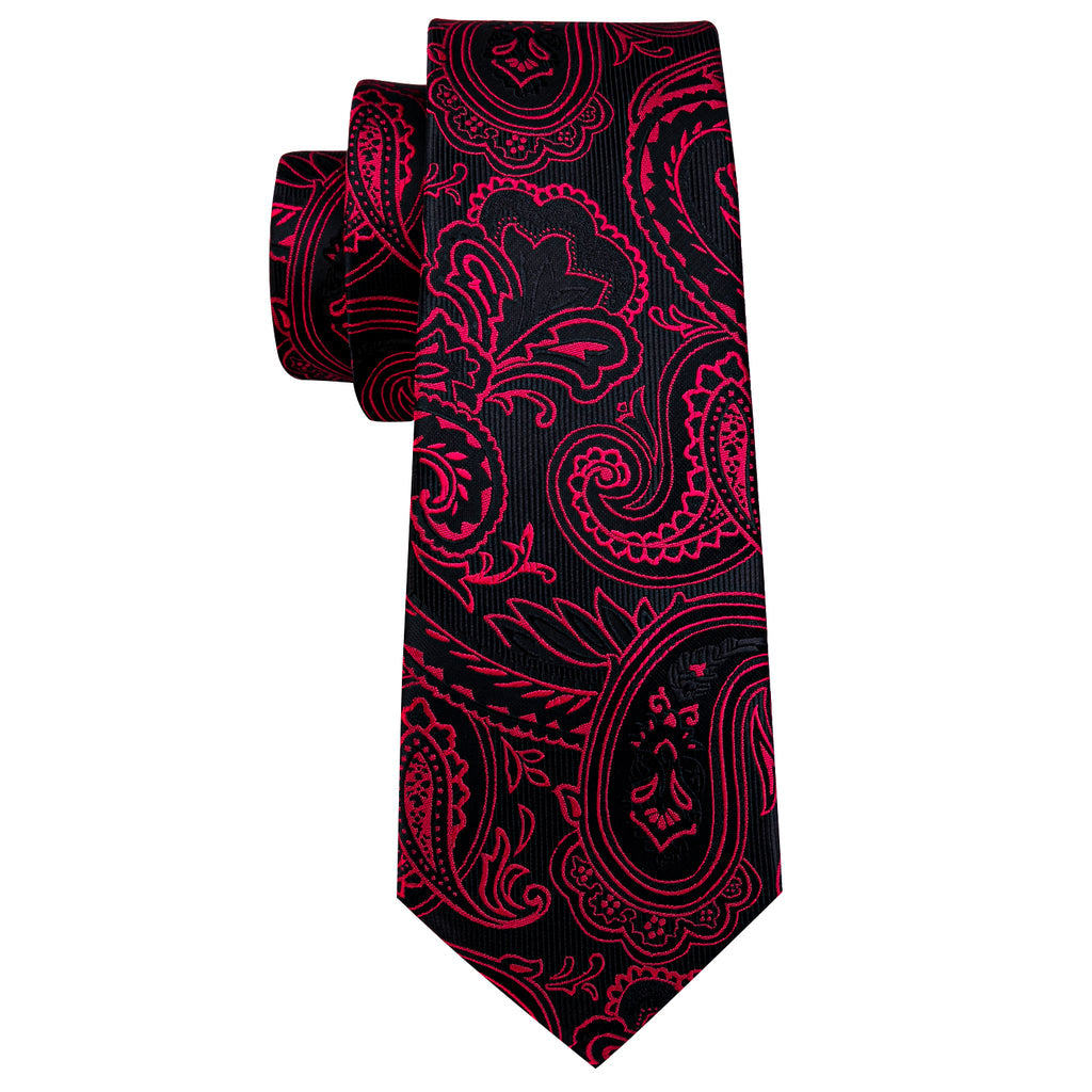 Red Black Paisley Silk Tie, Pocket Square and Cufflinks Set tie sets - Sophisticated Gentlemen