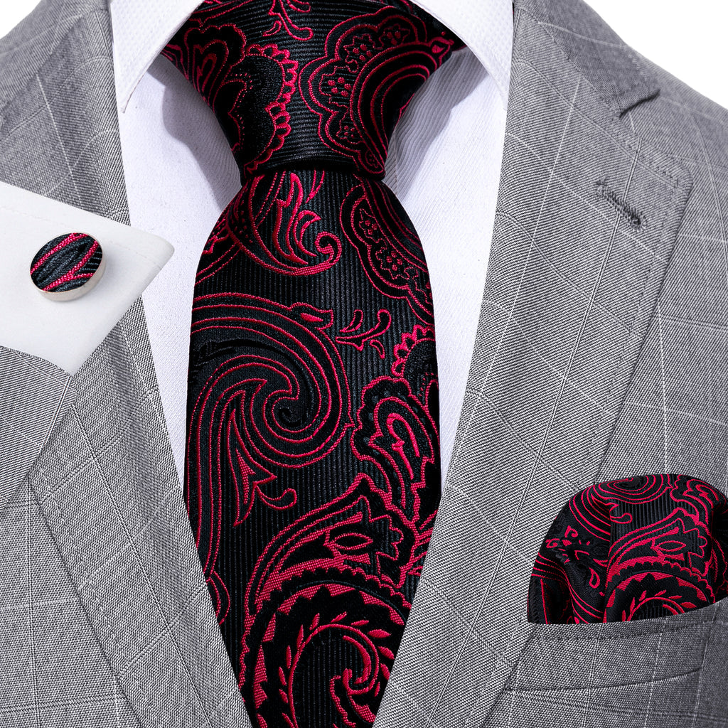 Red Black Paisley Silk Tie, Pocket Square and Cufflinks Set tie sets - Sophisticated Gentlemen