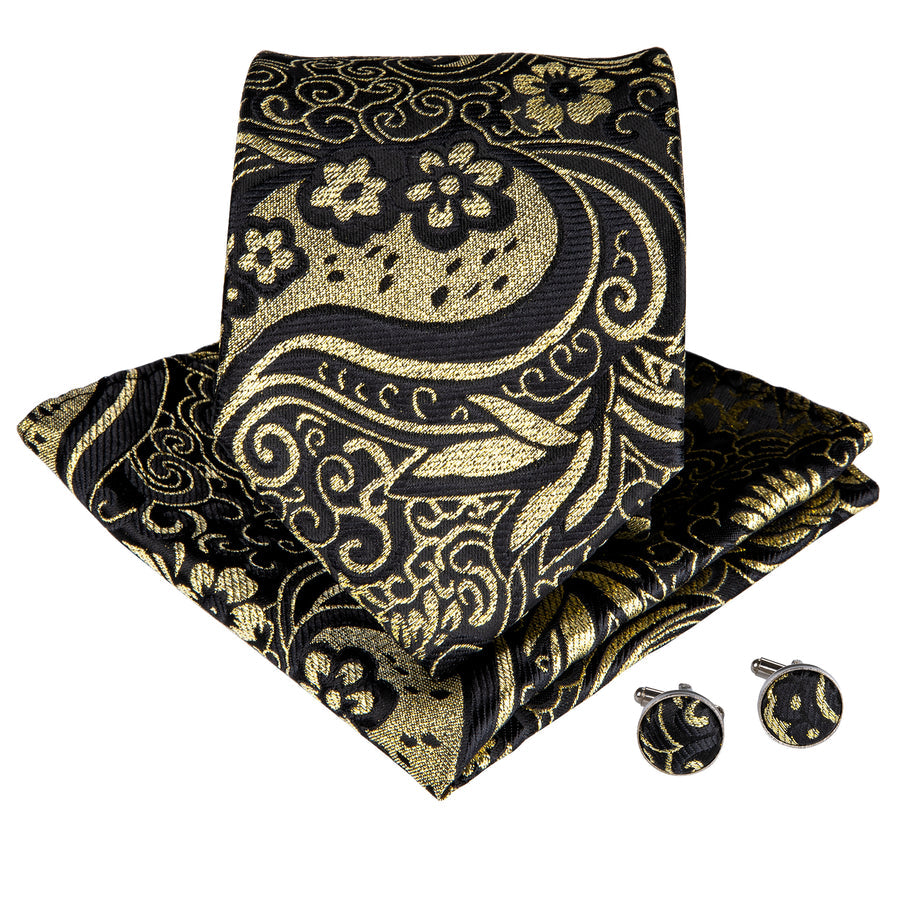 Golden Paisley Silk XL Tie, Pocket Square and Cufflinks tie sets - Sophisticated Gentlemen