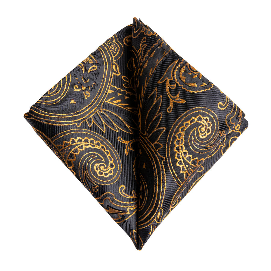 Black and Gold Paisley Silk XL Tie, Pocket Square and Cufflinks tie sets - Sophisticated Gentlemen