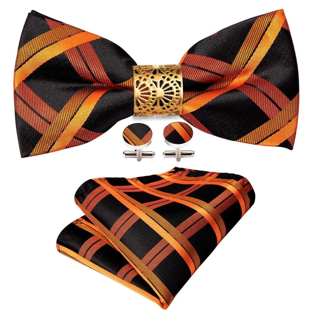 Black Orange Plaid Bow Tie Set bow ties - Sophisticated Gentlemen