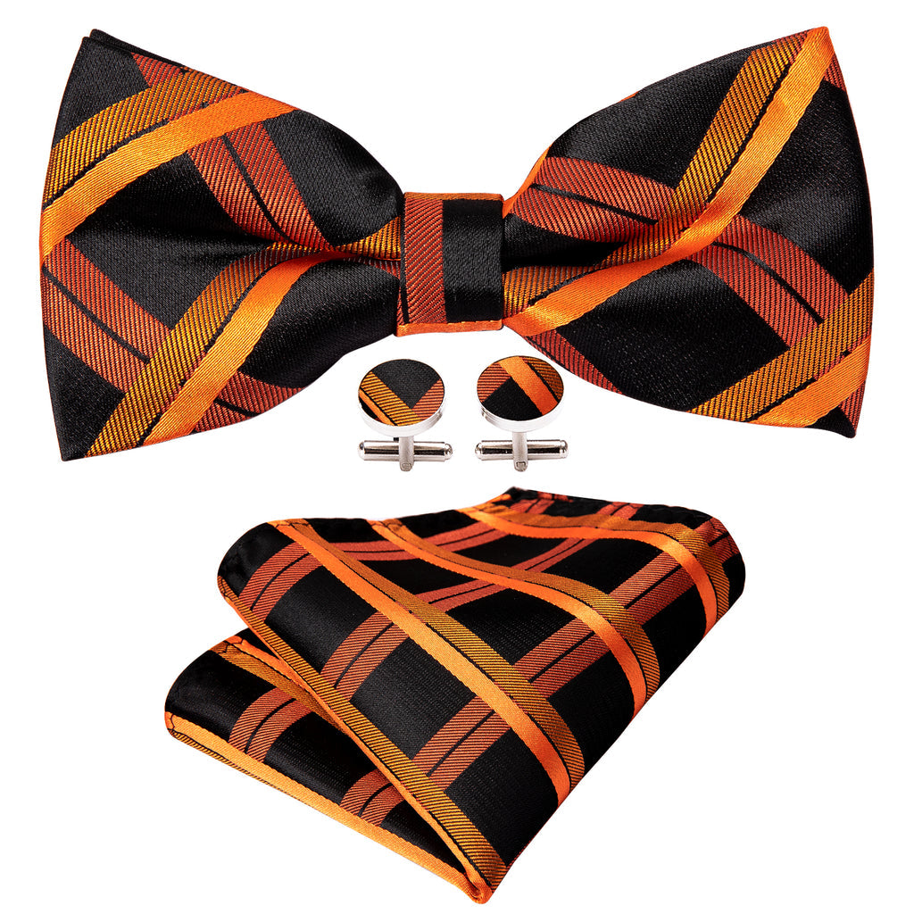Black Orange Plaid Bow Tie Set bow ties - Sophisticated Gentlemen