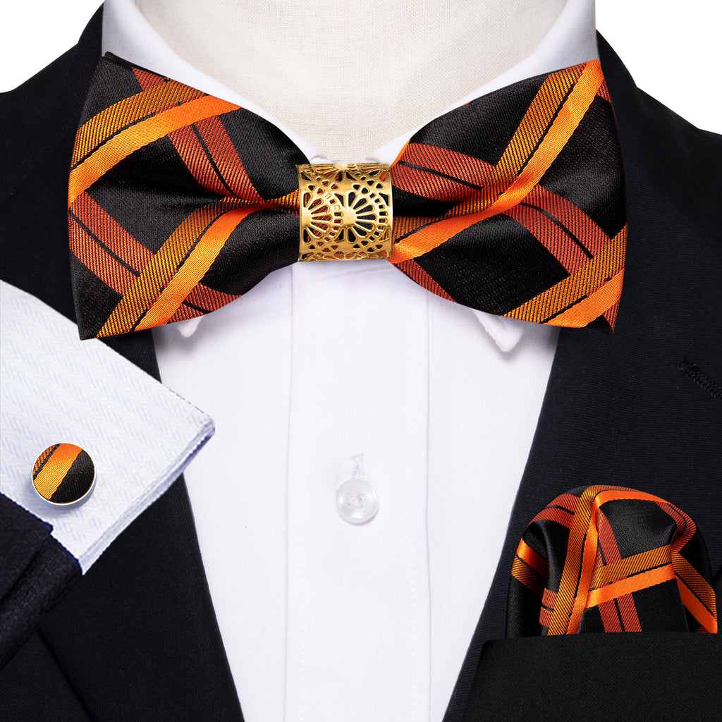 Black Orange Plaid Bow Tie Set bow ties - Sophisticated Gentlemen
