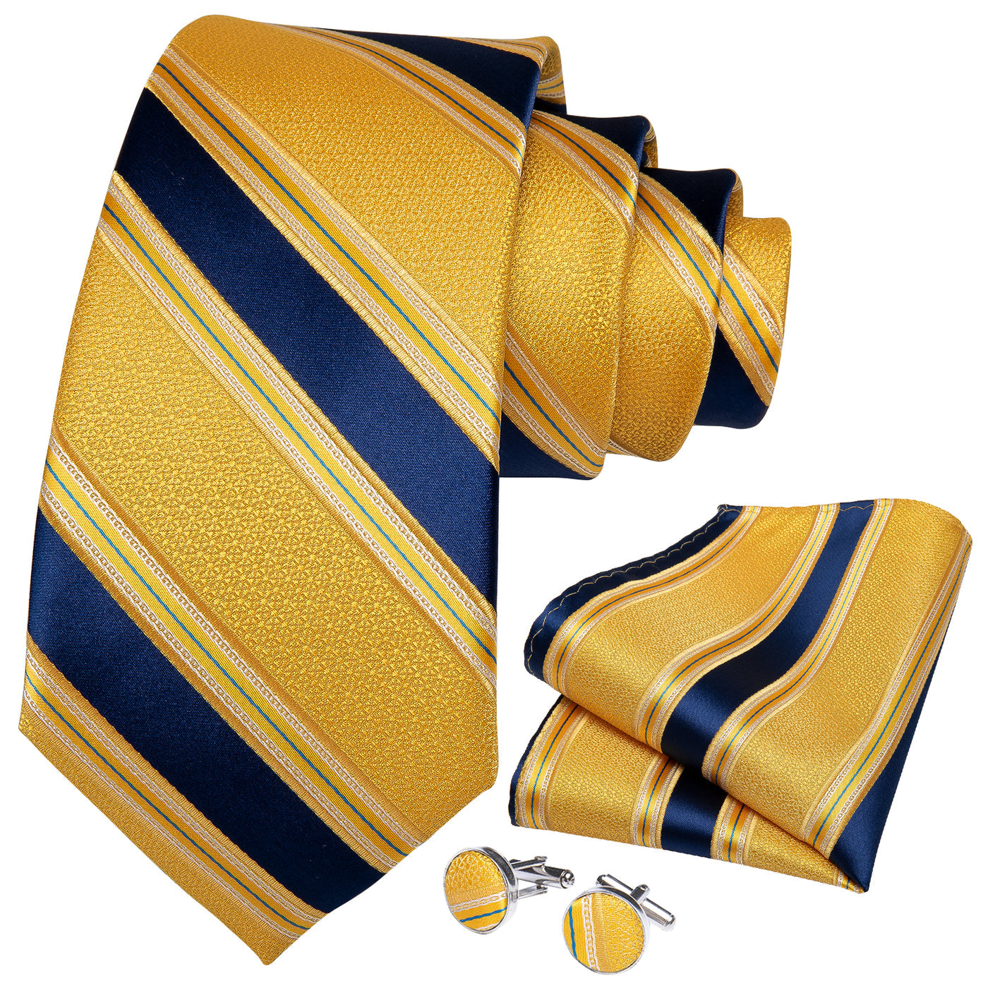 Gold & Navy Striped Silk Tie, Pocket Square & Cufflinks Set tie sets - Sophisticated Gentlemen