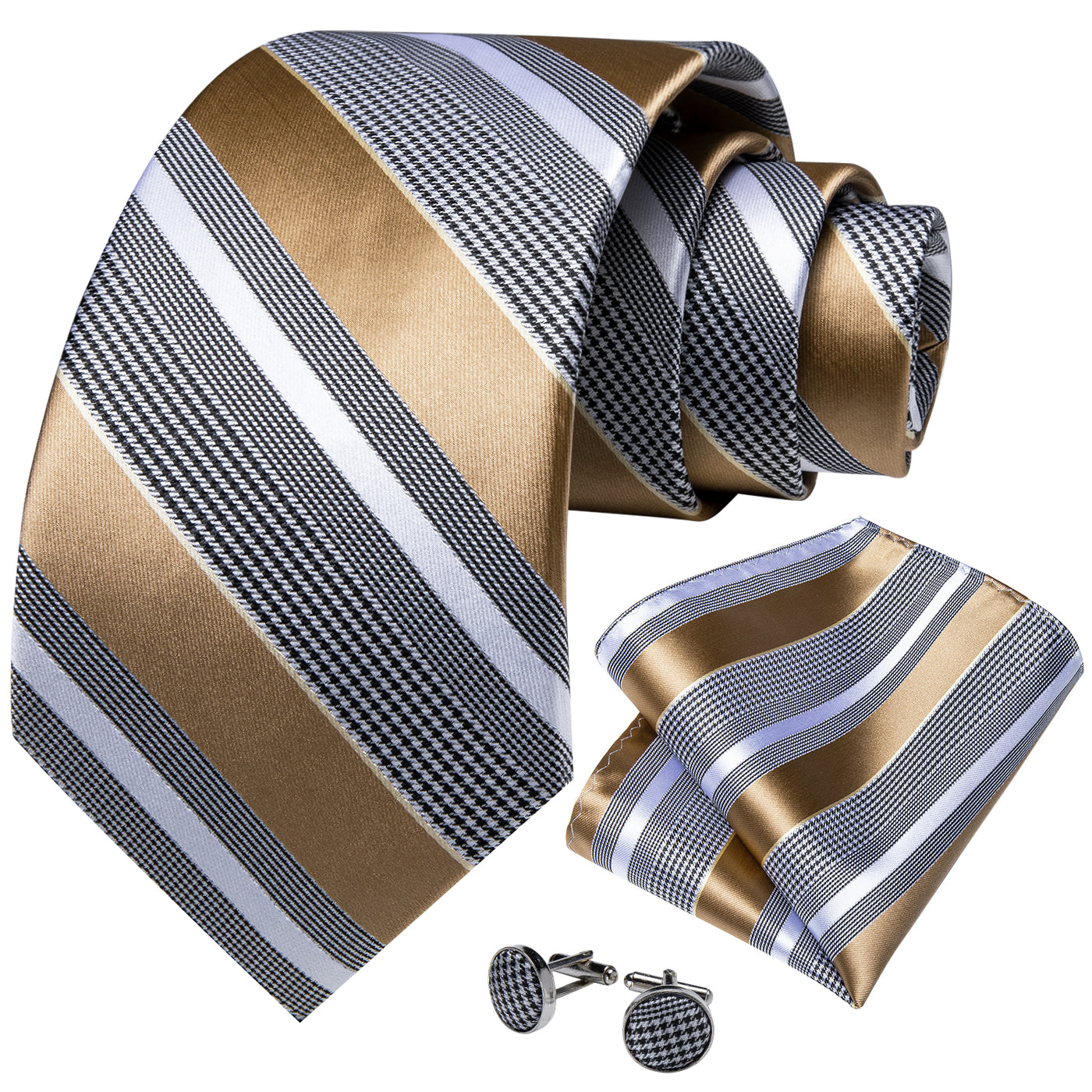 Gold Stripes Silk Tie, Pocket Square and Cufflinks tie sets - Sophisticated Gentlemen